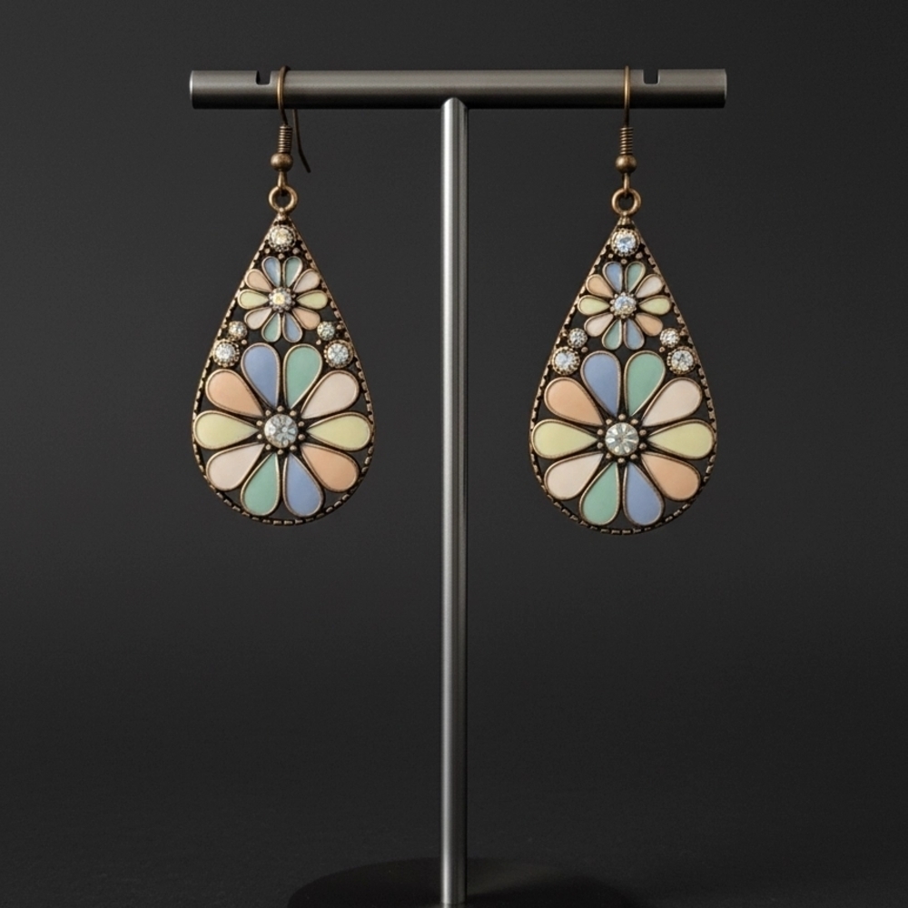 Pastel Floral Teardrop Dangle Earrings — Multicolor